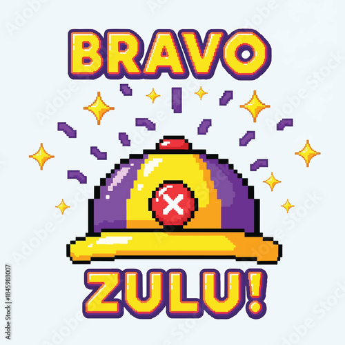 Pixel art celebration with BRAVO ZULU! text above and below a purple and yellow cap with a red button and a white 'X' symbol. Sparkles and confetti surround it.