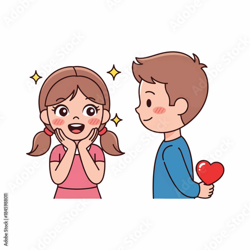 A boy hides a heart behind his back, surprising a girl with his affection. Sparkles surround her happy, delighted face, symbolizing his sweet gesture.