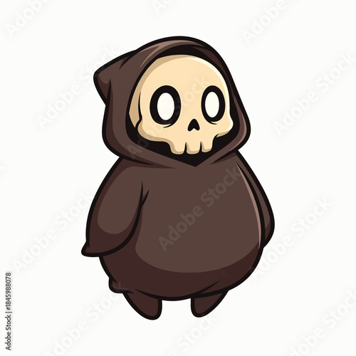 A cute, plump cartoon grim reaper wearing a brown robe and a skull for a head. It has large, round eyes and a simple, friendly expression.