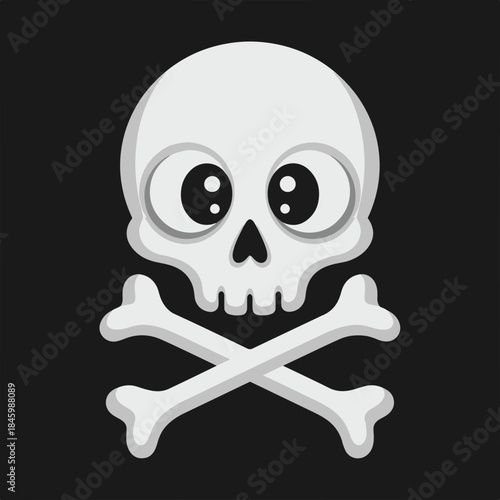 A cute, cartoonish skull with large, expressive eyes, crossed by two white bones, set against a black background.