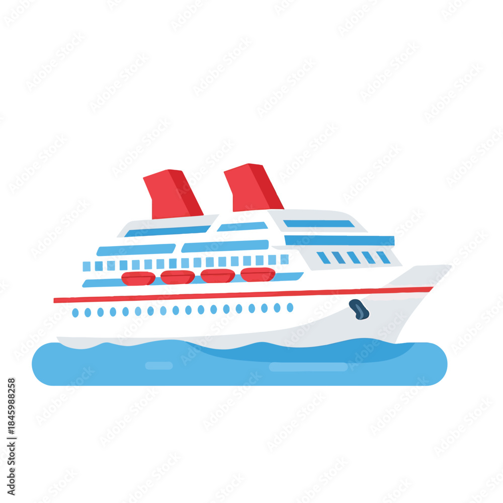 Obraz premium A flat design illustration of a white cruise ship with blue trim, red smokestacks, and red lifeboats, sailing on blue water against a white background.