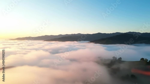 Serene aerial view of lush mountain landscape and rolling clouds at sunrise