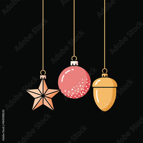 Minimalist flat design featuring a hanging star, pink bauble, and acorn ornament on thin lines against a solid black background, conveying holiday cheer.