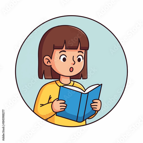 A cartoon illustration of a young girl with brown hair, wearing a yellow shirt, holding an open blue book. Her mouth is slightly open, showing surprise or engagement while reading, set withi