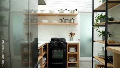 Modern kitchen design with sleek shelving and elegant decor transitioning in style