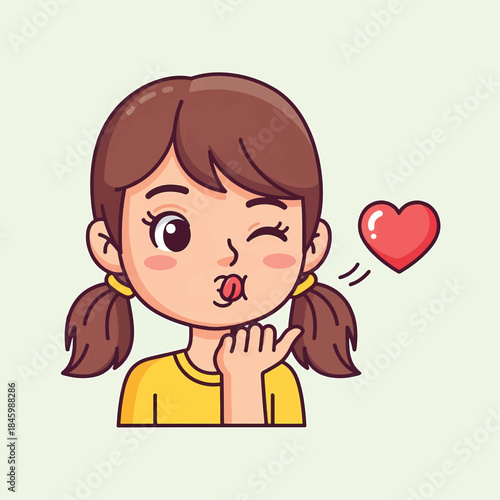 Cute cartoon girl with pigtails winking and blowing a kiss, with a red heart floating from her hand, on a light green background. Adorable vector illustration.