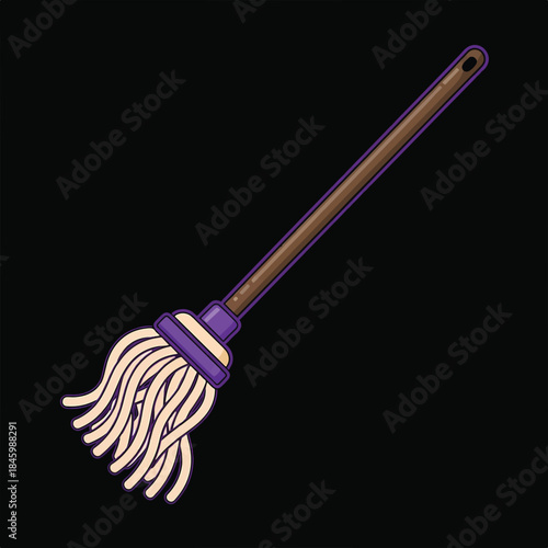 A cartoon-style mop illustration featuring a brown handle with purple outlines and a purple mop head with light beige stringy strands, set against a solid black background.
