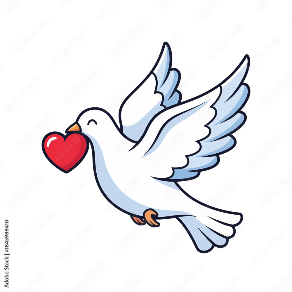 Obraz premium A cheerful cartoon white dove flies, holding a vibrant red heart in its beak. The simple illustration on a white background symbolizes love and peace.