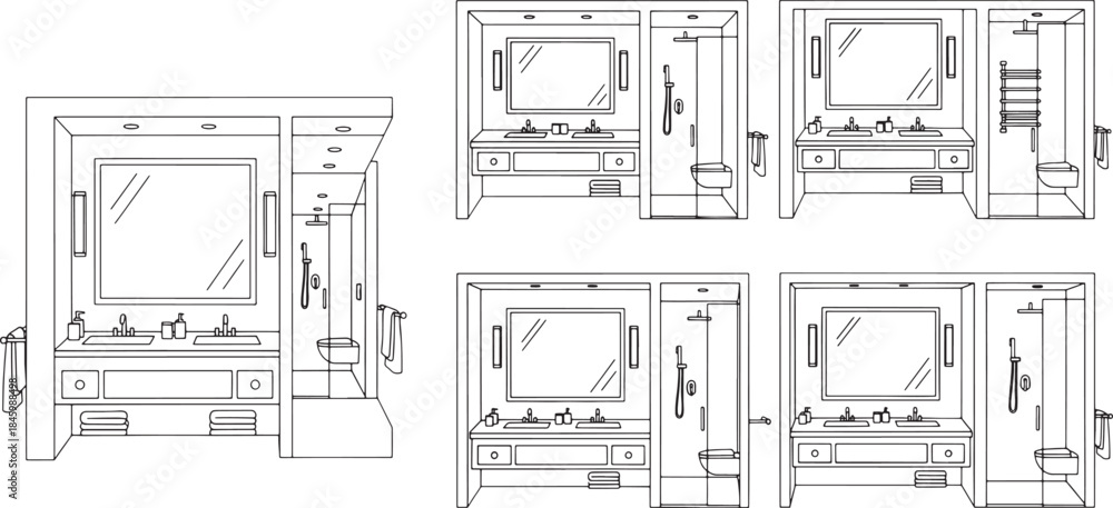 Fototapeta premium Black and white line drawing of a modern bathroom with double vanity and shower interior