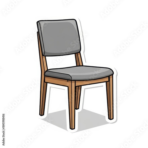 Simple wooden dining chair features padded gray upholstery in a cartoon style.