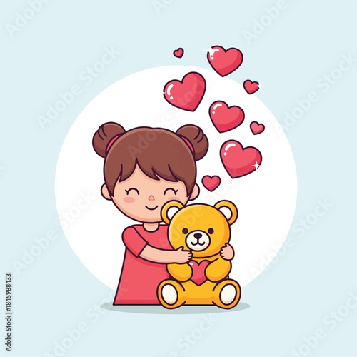A cute cartoon girl with brown hair in buns hugs a yellow teddy bear, surrounded by floating red hearts, symbolizing love and happiness.