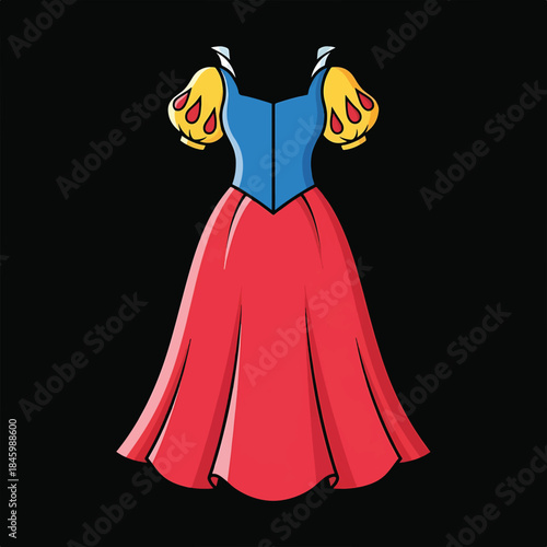 A vibrant cartoon illustration of Snow White's iconic dress, featuring a blue bodice, puffy yellow and red sleeves, and a flowing red skirt, against a stark black background.