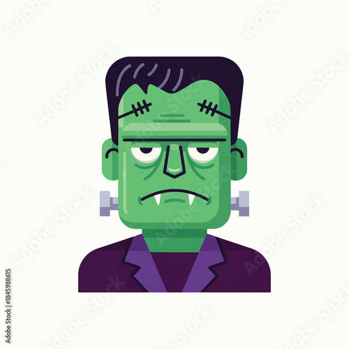 A minimalist flat design illustration of a grumpy Frankenstein's monster bust with green skin, black hair, stitched scars, fangs, and neck bolts on white.