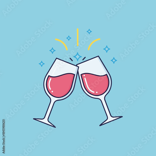Two cartoonish wine glasses filled with red wine are clinking, with celebratory sparkles and curved lines, against a light blue background.