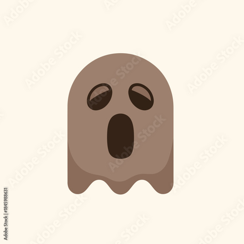 A minimalist brown cartoon ghost with droopy eyes and an open mouth, conveying a sad or tired expression, on a light cream background.