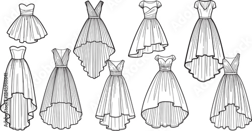 Black and white line drawings of various formal dresses with pleated skirts fashion clothing