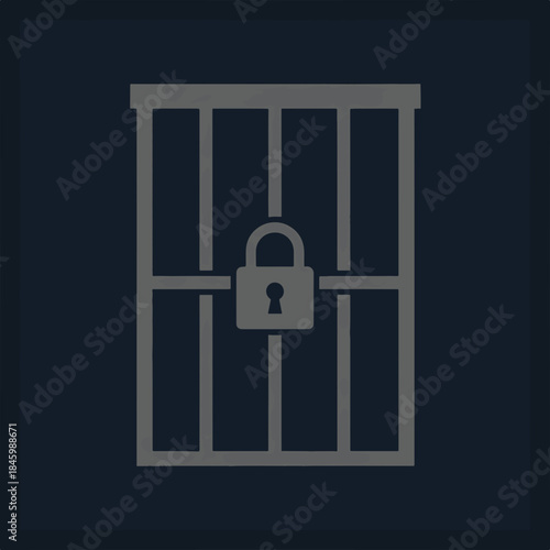 Minimalist flat design depicting locked grey prison bars with a central padlock on a dark, somber background. An icon of confinement.