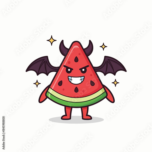 A mischievous cartoon watermelon slice with devil horns, bat wings, and a wide, toothy grin. Red and green, surrounded by sparkling stars.