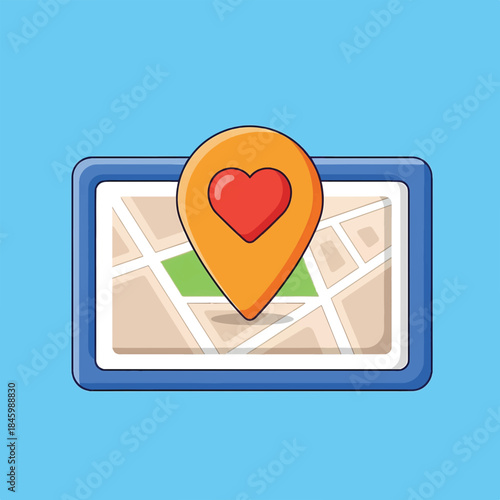 An illustration of a map with an orange location pin containing a red heart, symbolizing a favorite or romantic place, on a light blue background.