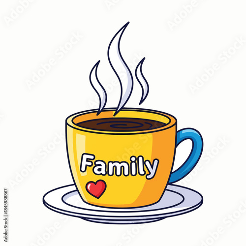 A vibrant yellow cartoon mug with a blue handle, featuring Family text and a red heart. It's filled with steaming dark liquid, resting on a white saucer, isolated on white.