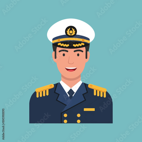 A cartoon illustration of a smiling man in a navy blue uniform with gold epaulets and a white captain's hat with an emblem, set against a light blue background.