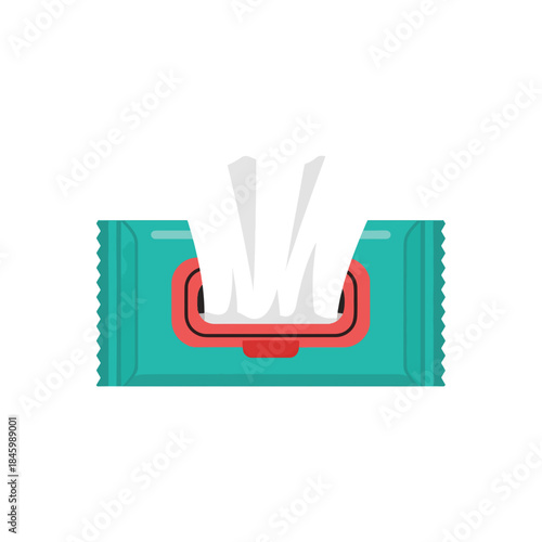 A flat vector illustration depicts a teal wet wipe pack with a red dispenser opening, showing several white wipes emerging, against a light background.