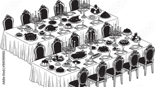 Elaborate banquet table setting with ornate chairs and abundant food feast