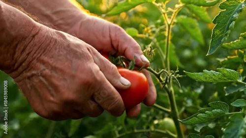 Hands harvesting ripe tomato in sunlit garden with green leaves