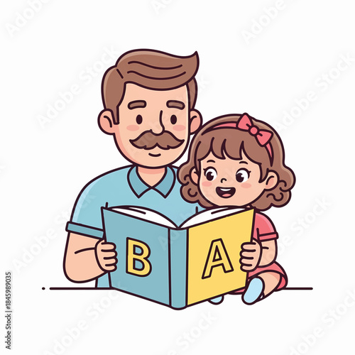 Cartoon father and daughter reading an ABC book together. The dad has a mustache and the girl has a pink bow, depicting a sweet learning moment.