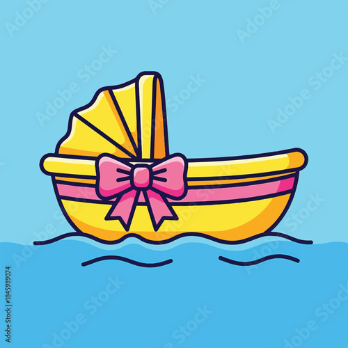 A cute cartoon yellow baby bassinet, styled like a boat with a pink bow, floating on blue water against a lighter blue background.