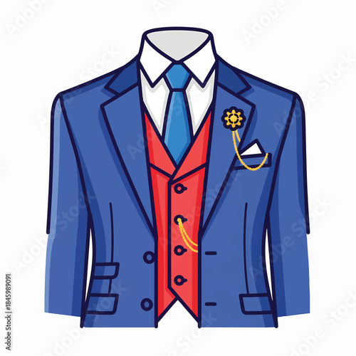 A vibrant cartoon illustration of a formal men's suit: blue jacket, red vest, white shirt, and blue tie, adorned with a golden lapel pin and watch chain.