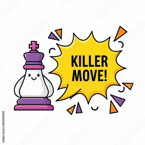 A cute, smiling chess king stands next to a yellow starburst speech bubble with KILLER MOVE! text, surrounded by colorful geometric shapes.