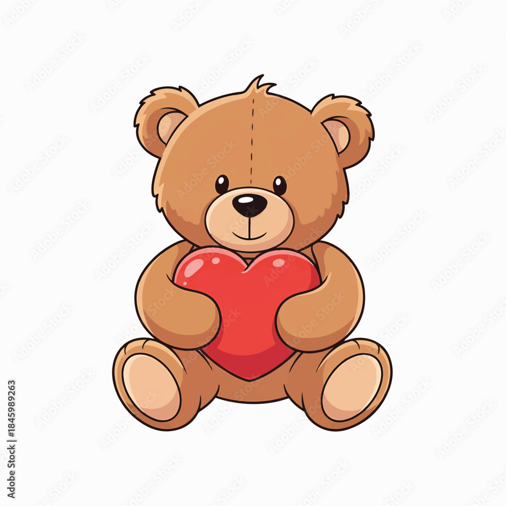 Obraz premium A cute brown cartoon teddy bear sits, holding a large red heart, isolated on a white background.