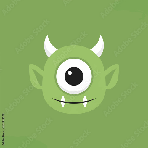A cute, friendly, one-eyed green cartoon monster with white horns, pointed ears, and two fangs, presented in a flat vector art style on a textured green background.