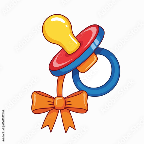 A vibrant cartoon baby pacifier featuring a yellow nipple, red shield, blue ring, and an attached orange bow. Cute vector illustration on a white background.