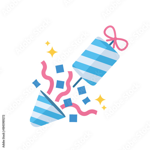 A blue and white striped party popper icon, exploding with pink streamers, blue confetti, and yellow sparkles on a white background.