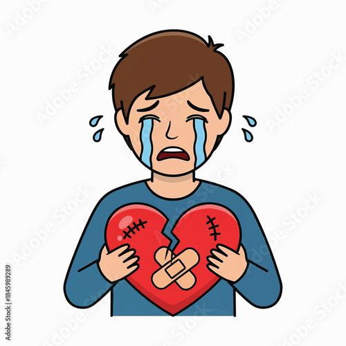 A boy cries, holding a broken red heart patched with stitches and a bandage. Sadness, pain, and healing are depicted.