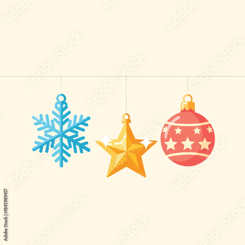 Three festive Christmas ornaments - a blue snowflake, a golden star, and a red ball with white stars - hang from a thin wire against a pale yellow background.