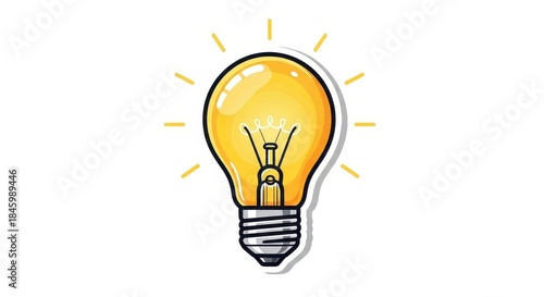 Cartoon illustration displays a glowing incandescent light bulb radiating bright illumination