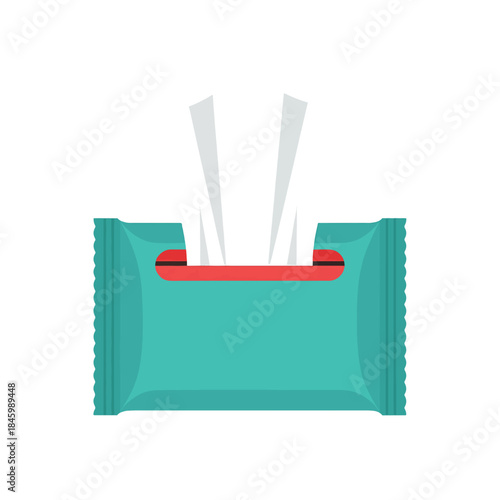A teal packet of wet wipes with white wipes peeking out from a red opening on a white background.