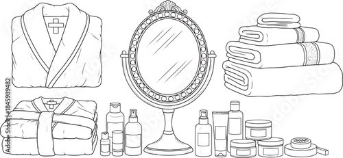 Line art illustration of bathrobes towels mirror and skincare products folded towels stacked towels