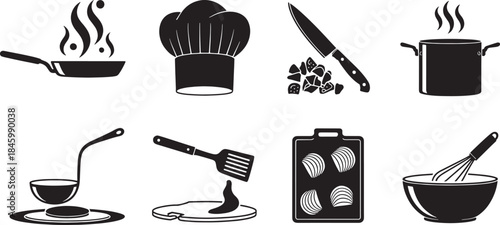 Black and white vector icons of cooking and food preparation kitchen utensil