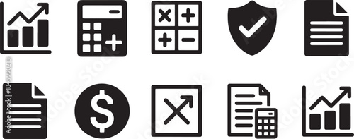 Black icons for finance business analytics security and documents on white background vector