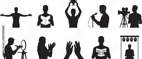 Black silhouettes of people performing various actions on white background person woman