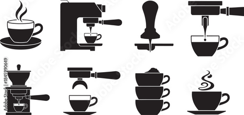 Collection of black coffee making equipment and cups on white background espresso machine