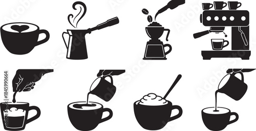Collection of black coffee making and serving vector icons espresso latte
