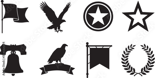 Collection of nine black silhouette icons featuring eagles flags stars bell and laurel wreath white