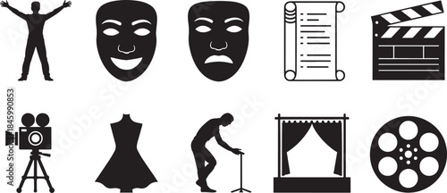 Collection of nine black silhouette icons related to performing arts and film vector