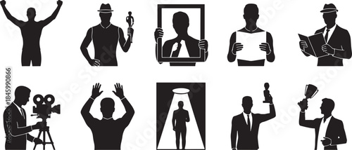 Collection of nine black silhouette icons of men in various poses and activities vector