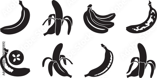Collection of nine black vector banana icons in various peeled and unpeeled states fruit food